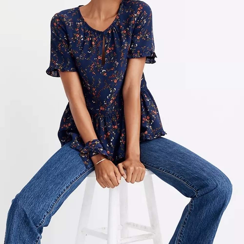 Madewell Silk Stanza Ruffle-Hem Top in Moonless Floral sz M